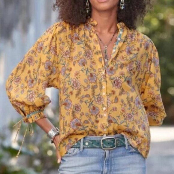 Sundance Ashton Button V-Neck Ruffle Detail Blouse Yellow Paisley Floral Boho S - Picture 1 of 11